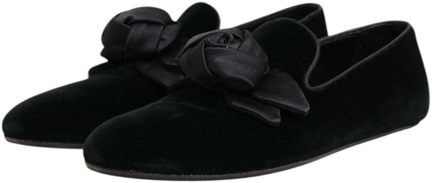Dolce & Gabbana Black Suede Cotton Rose Slip On Loafers Shoes