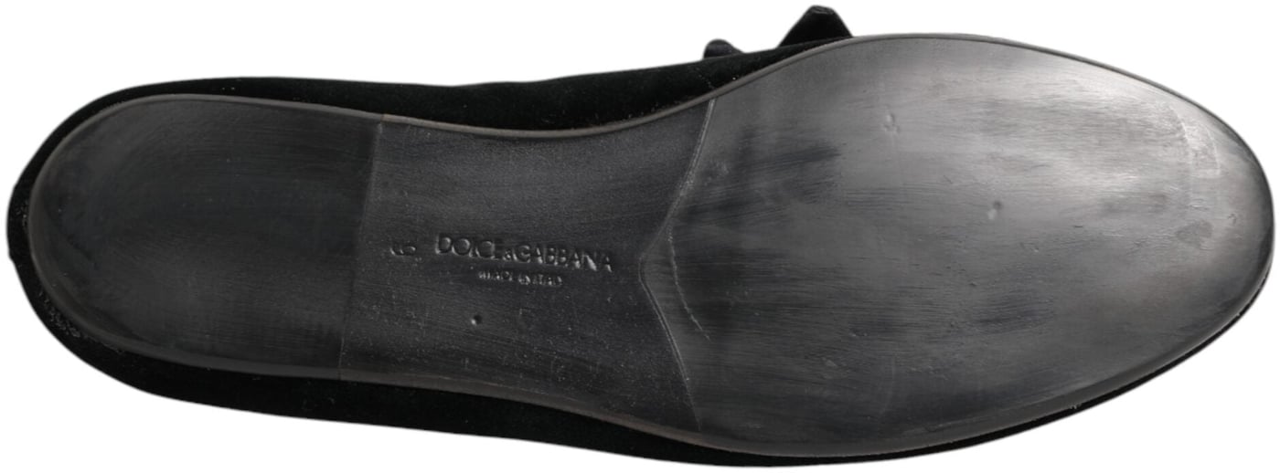 Dolce & Gabbana Black Suede Cotton Rose Slip On Loafers Shoes