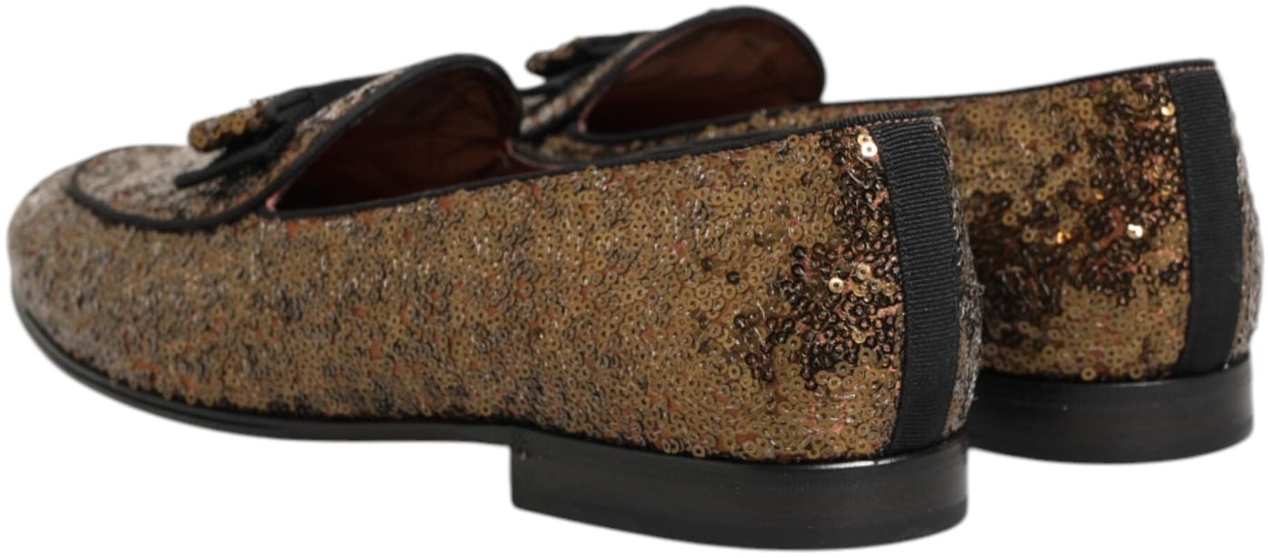 Dolce & Gabbana Gold Sequined Slip On Loafers Men Dress Shoes