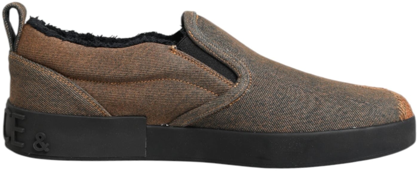 Dolce & Gabbana Brown Cotton Low Top Slip On Sneakers Shoes