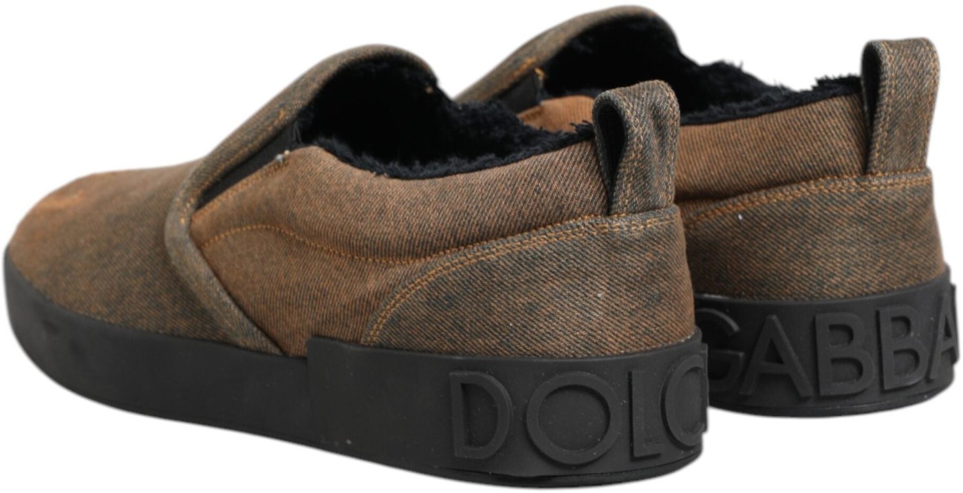 Dolce & Gabbana Brown Cotton Low Top Slip On Sneakers Shoes