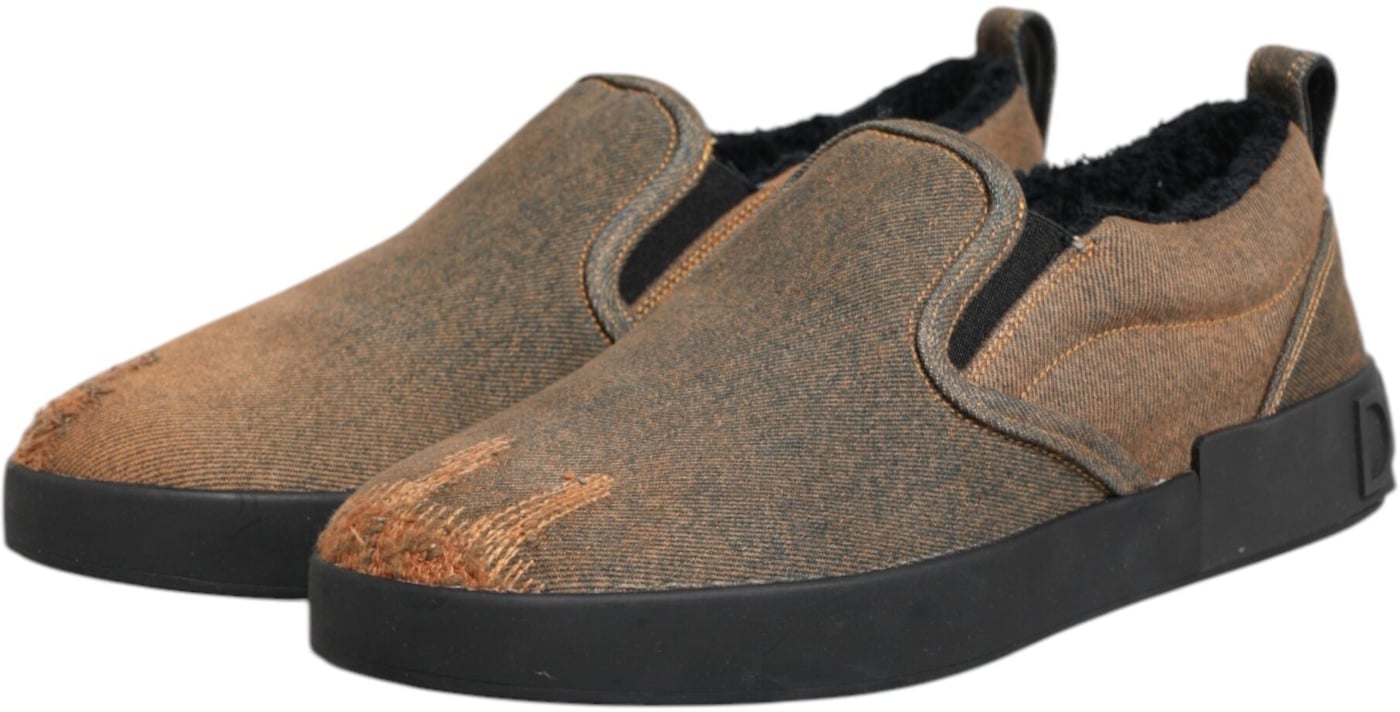 Dolce & Gabbana Brown Cotton Low Top Slip On Sneakers Shoes