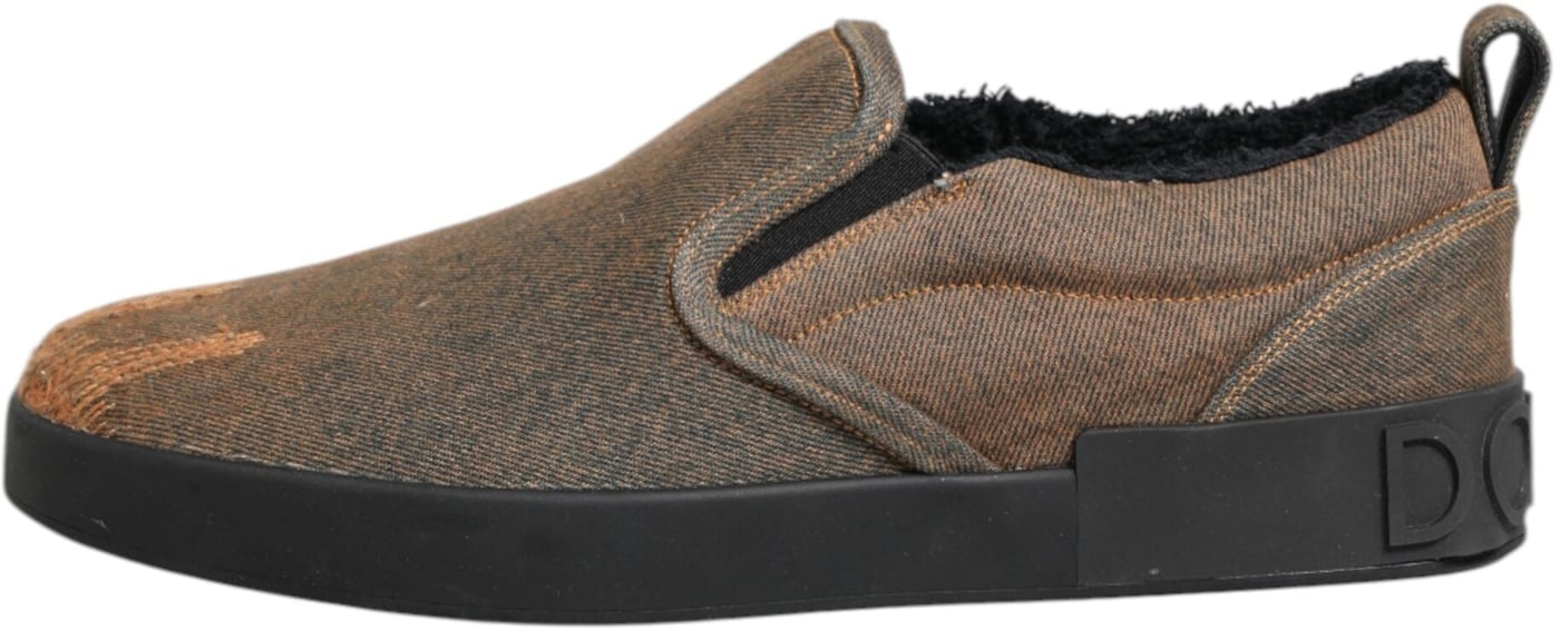 Dolce & Gabbana Brown Cotton Low Top Slip On Sneakers Shoes