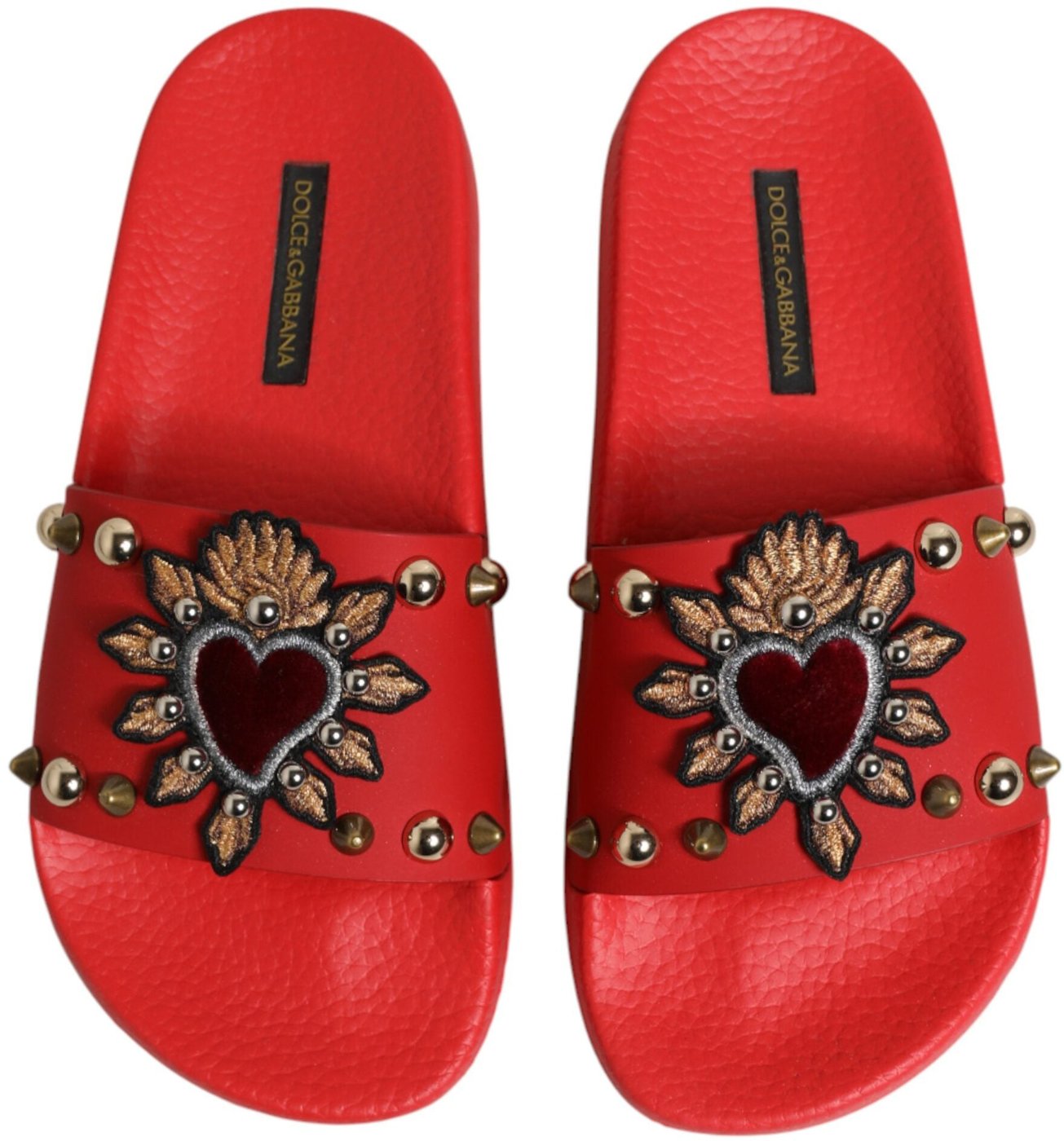 Dolce & Gabbana Red Sacred Heart Stud Slides Beachwear Shoes