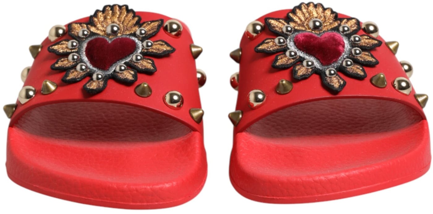 Dolce & Gabbana Red Sacred Heart Stud Slides Beachwear Shoes
