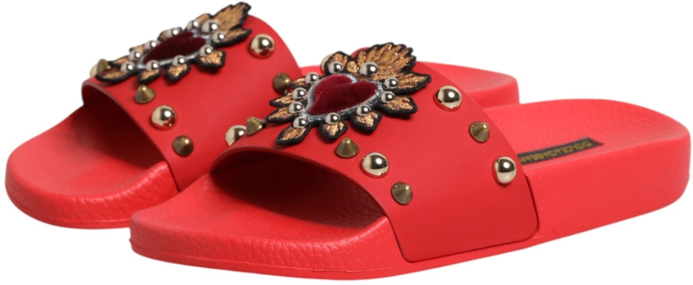 Dolce & Gabbana Red Sacred Heart Stud Slides Beachwear Shoes