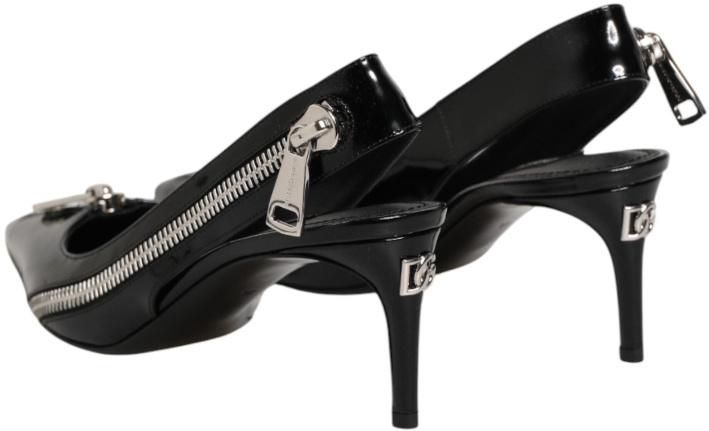 Dolce & Gabbana Black Zipper Leather Heels Slingbacks Shoes