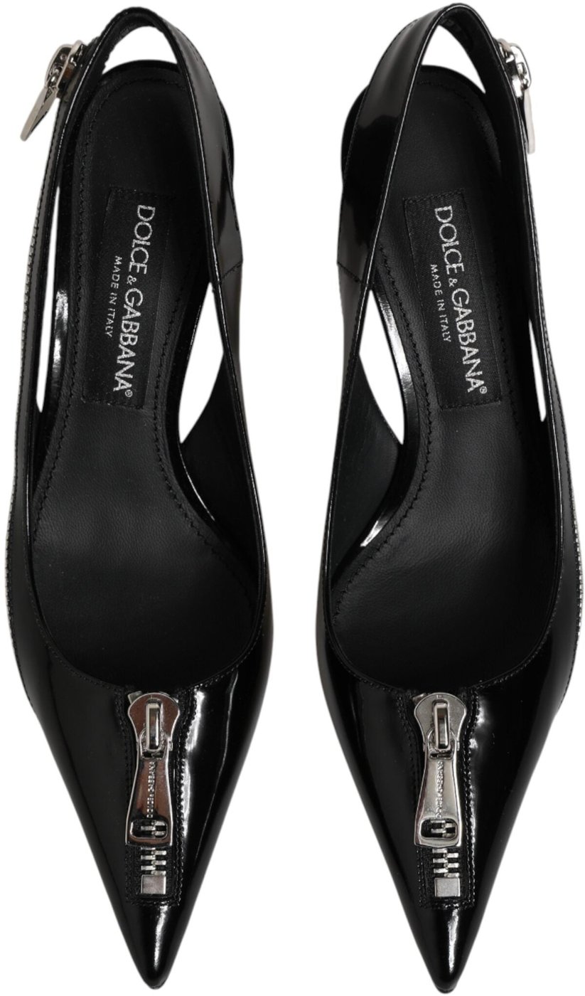 Dolce & Gabbana Black Zipper Leather Heels Slingbacks Shoes