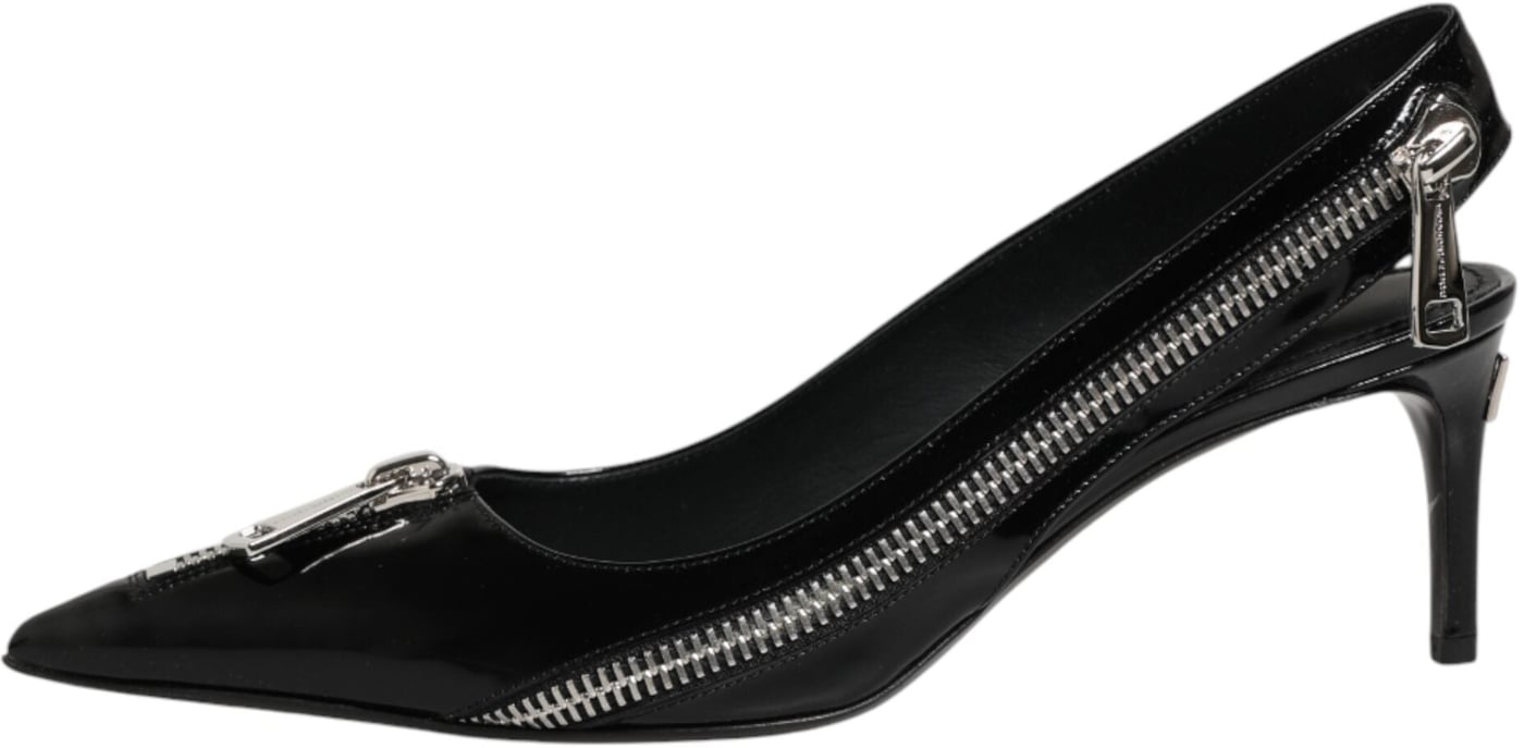 Dolce & Gabbana Black Zipper Leather Heels Slingbacks Shoes