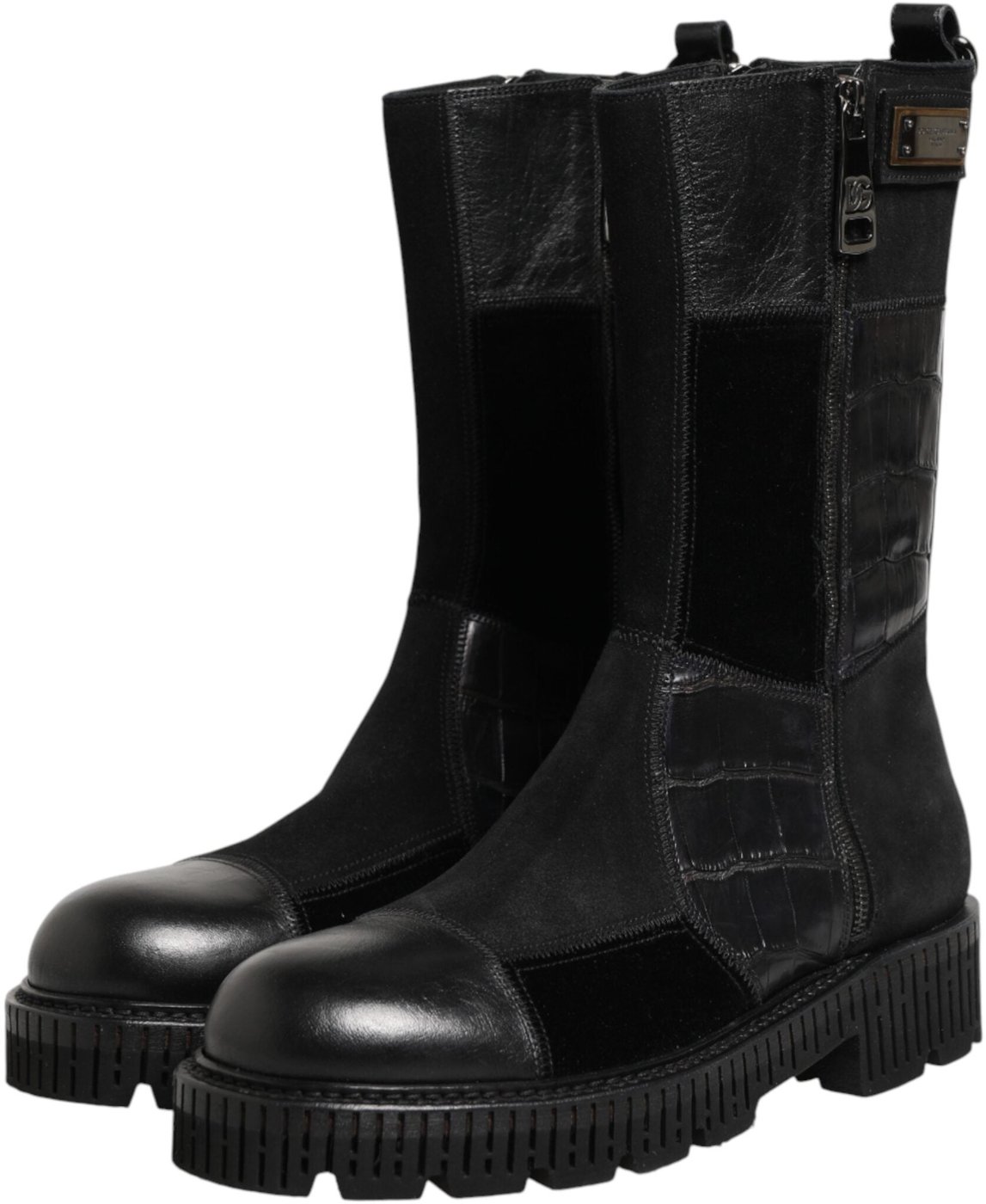 Dolce & Gabbana Black Patchwork Leather Mid Calf Boot Shoes