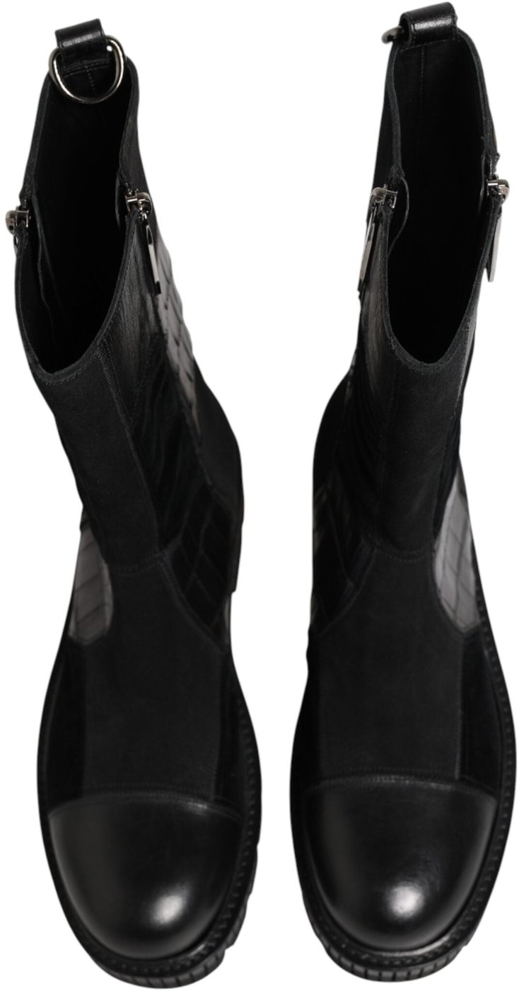 Dolce & Gabbana Black Patchwork Leather Mid Calf Boot Shoes