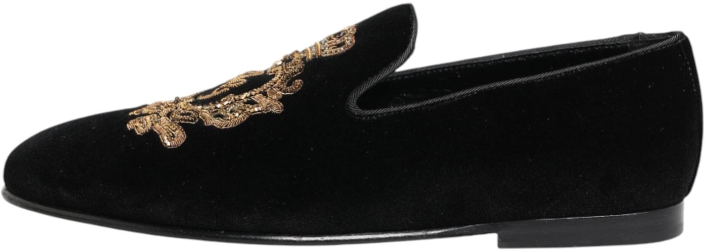Dolce & Gabbana Black Velvet Gold Crown Mens Loafers Shoes