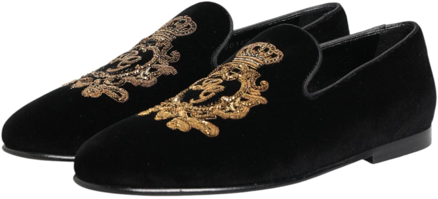 Dolce & Gabbana Black Velvet Gold Crown Mens Loafers Shoes