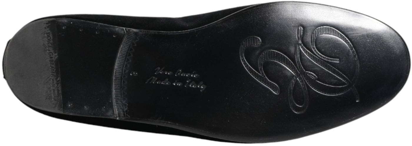 Dolce & Gabbana Black Velvet Gold Crown Mens Loafers Shoes