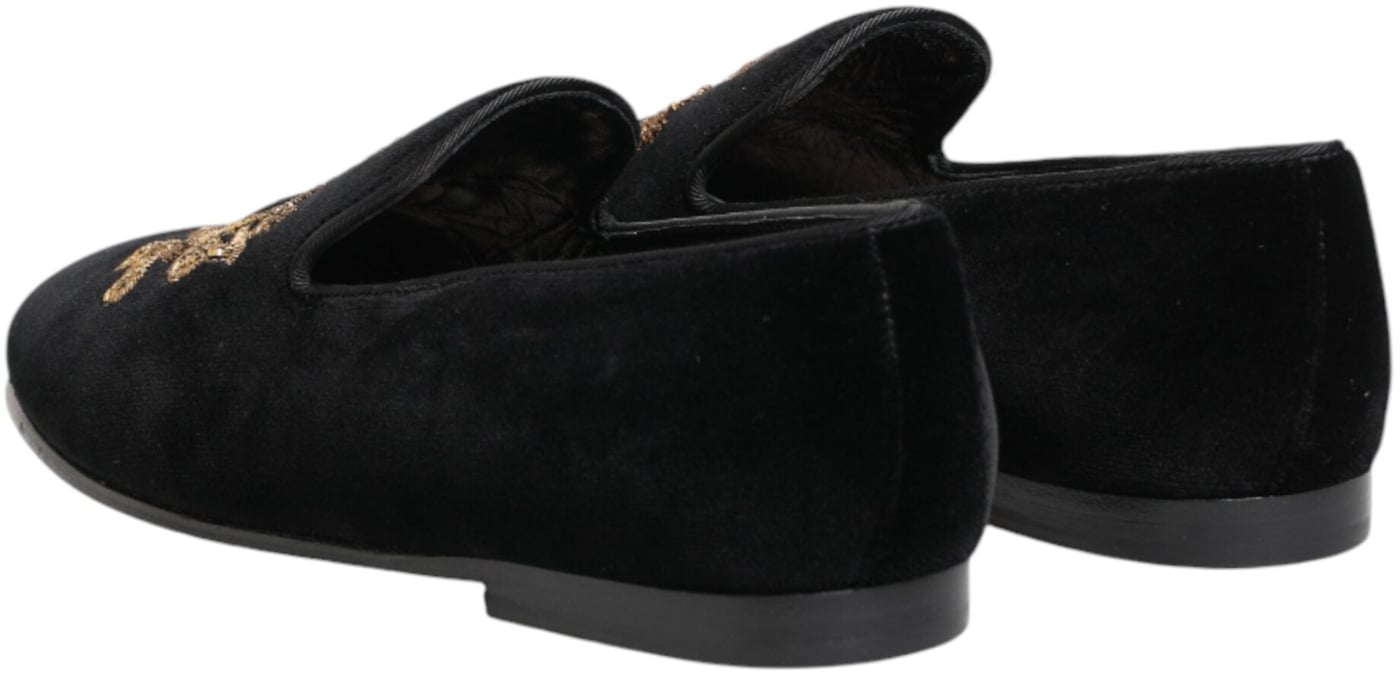 Dolce & Gabbana Black Velvet Gold Crown Mens Loafers Shoes