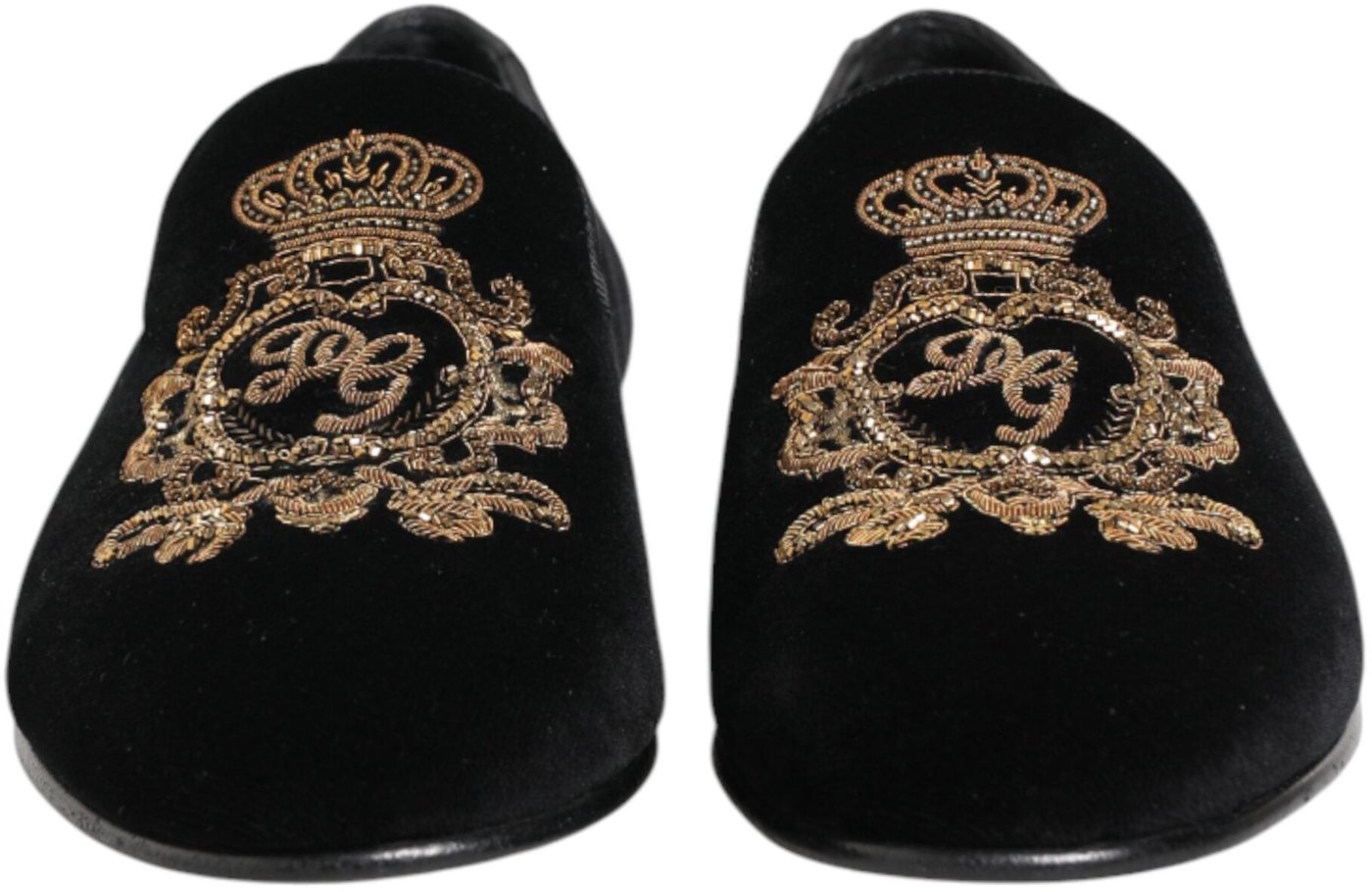 Dolce & Gabbana Black Velvet Gold Crown Mens Loafers Shoes
