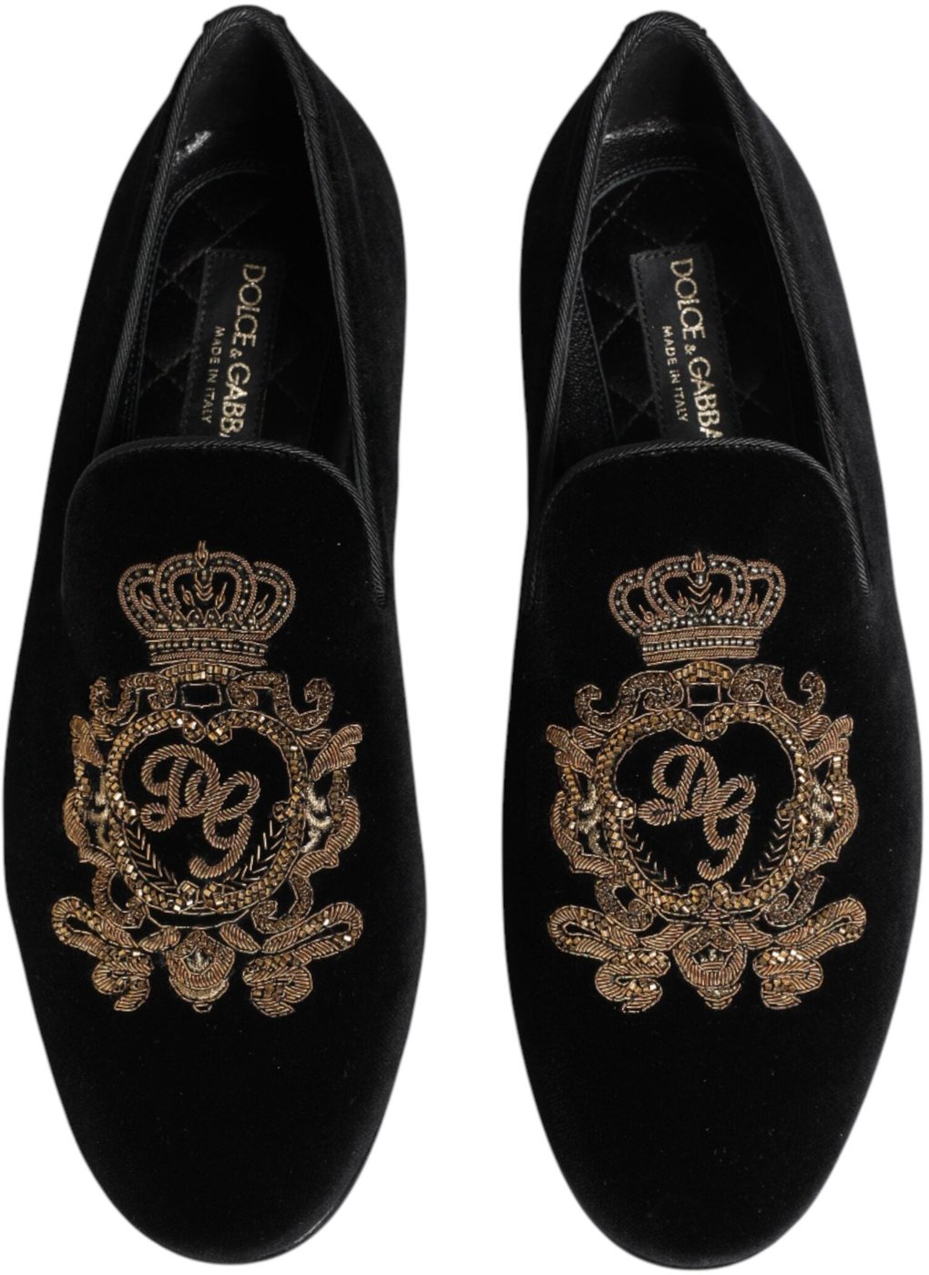 Dolce & Gabbana Black Velvet Gold Crown Mens Loafers Shoes