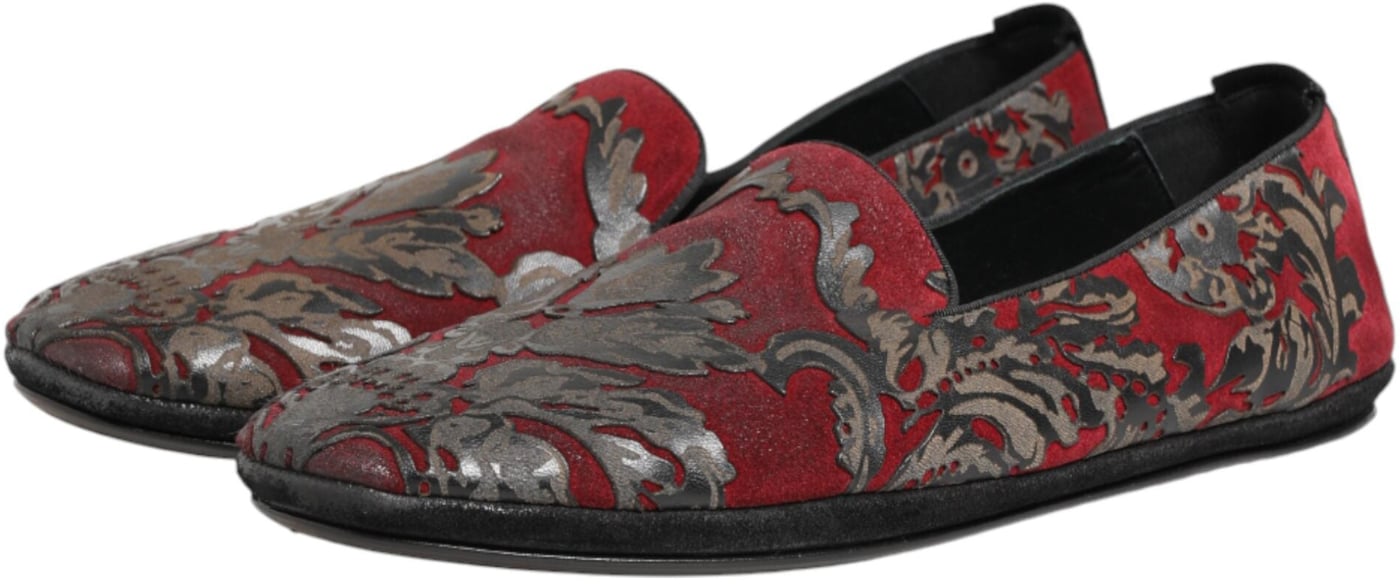 Dolce & Gabbana Bordeaux Jacquard Leather Slip On Loafer Shoes