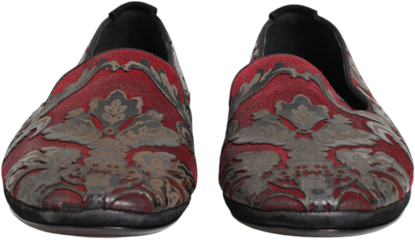 Dolce & Gabbana Bordeaux Jacquard Leather Slip On Loafer Shoes