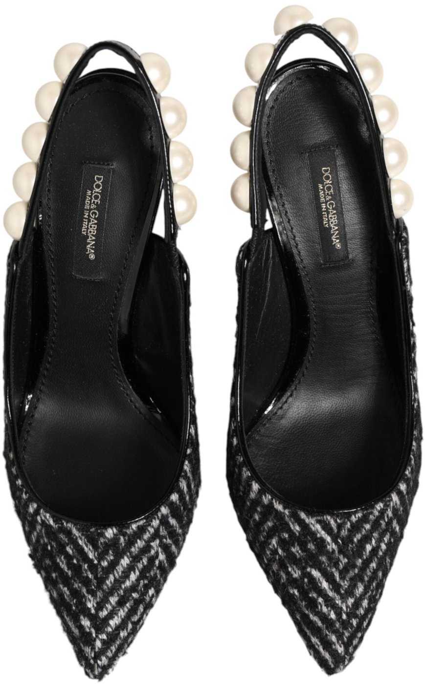 Dolce & Gabbana White Black Chevron Faux Pearl Slingbacks Shoes