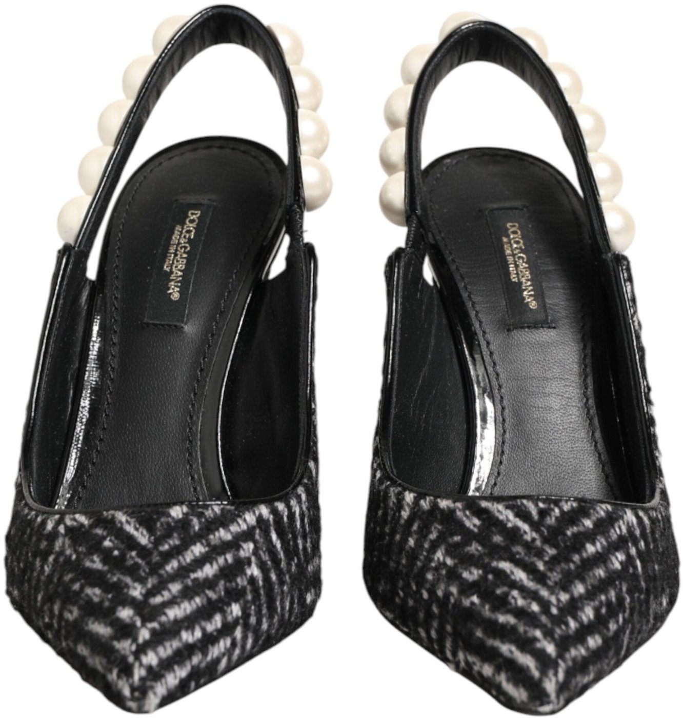 Dolce & Gabbana White Black Chevron Faux Pearl Slingbacks Shoes