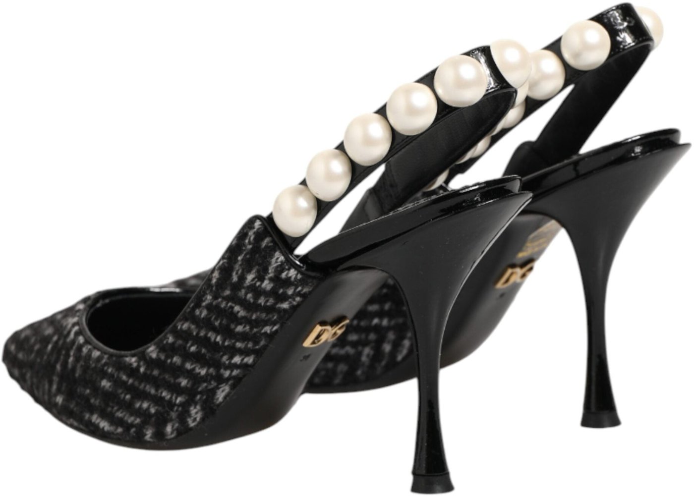 Dolce & Gabbana White Black Chevron Faux Pearl Slingbacks Shoes