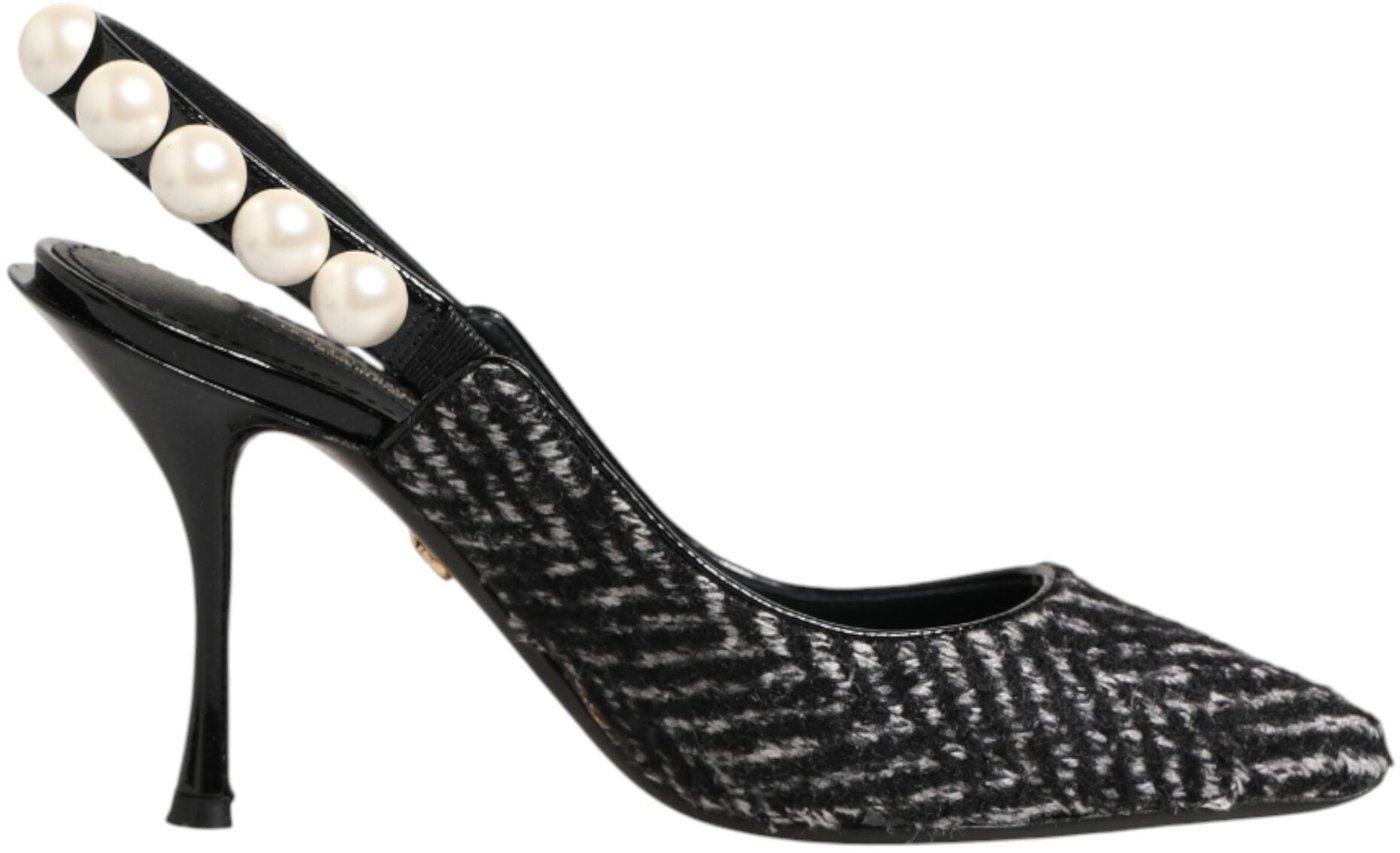 Dolce & Gabbana White Black Chevron Faux Pearl Slingbacks Shoes