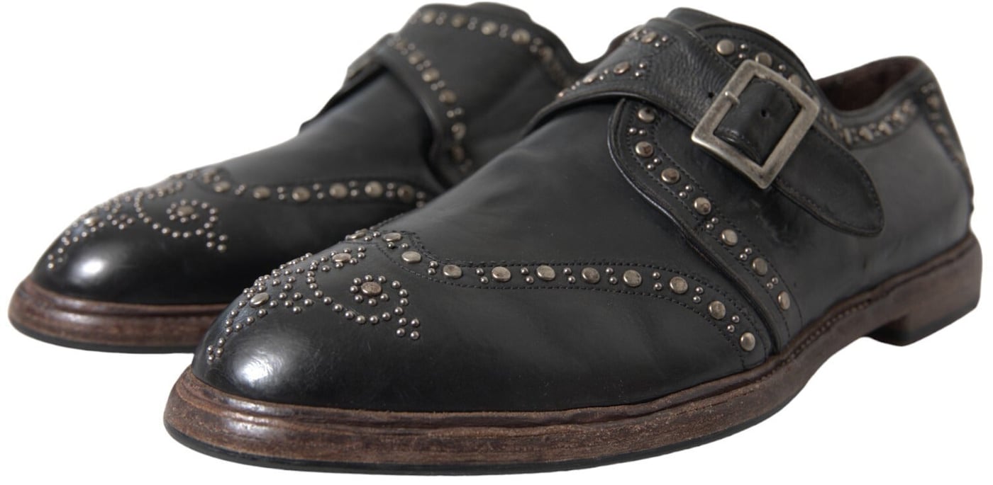 Dolce & Gabbana Black Leather Monk Strap Studded Dress Shoes