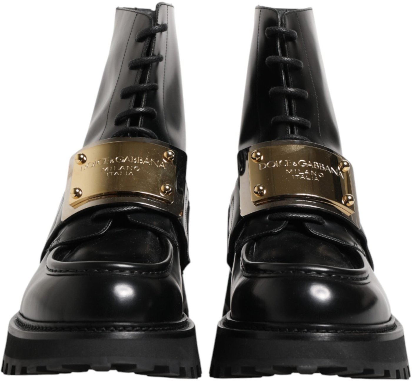 Dolce & Gabbana Black Leather DG Plaque Lace Up Boots Shoes