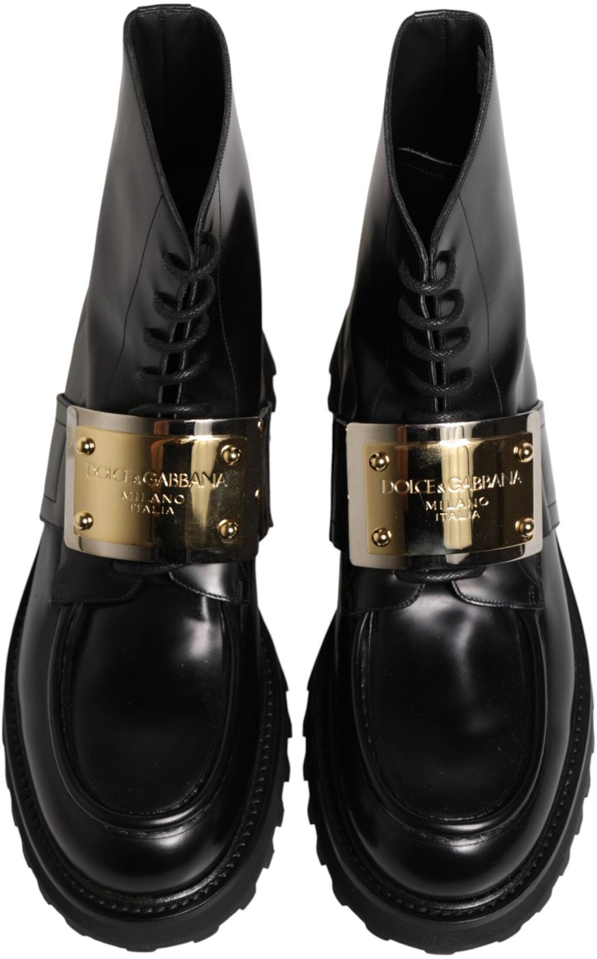 Dolce & Gabbana Black Leather DG Plaque Lace Up Boots Shoes
