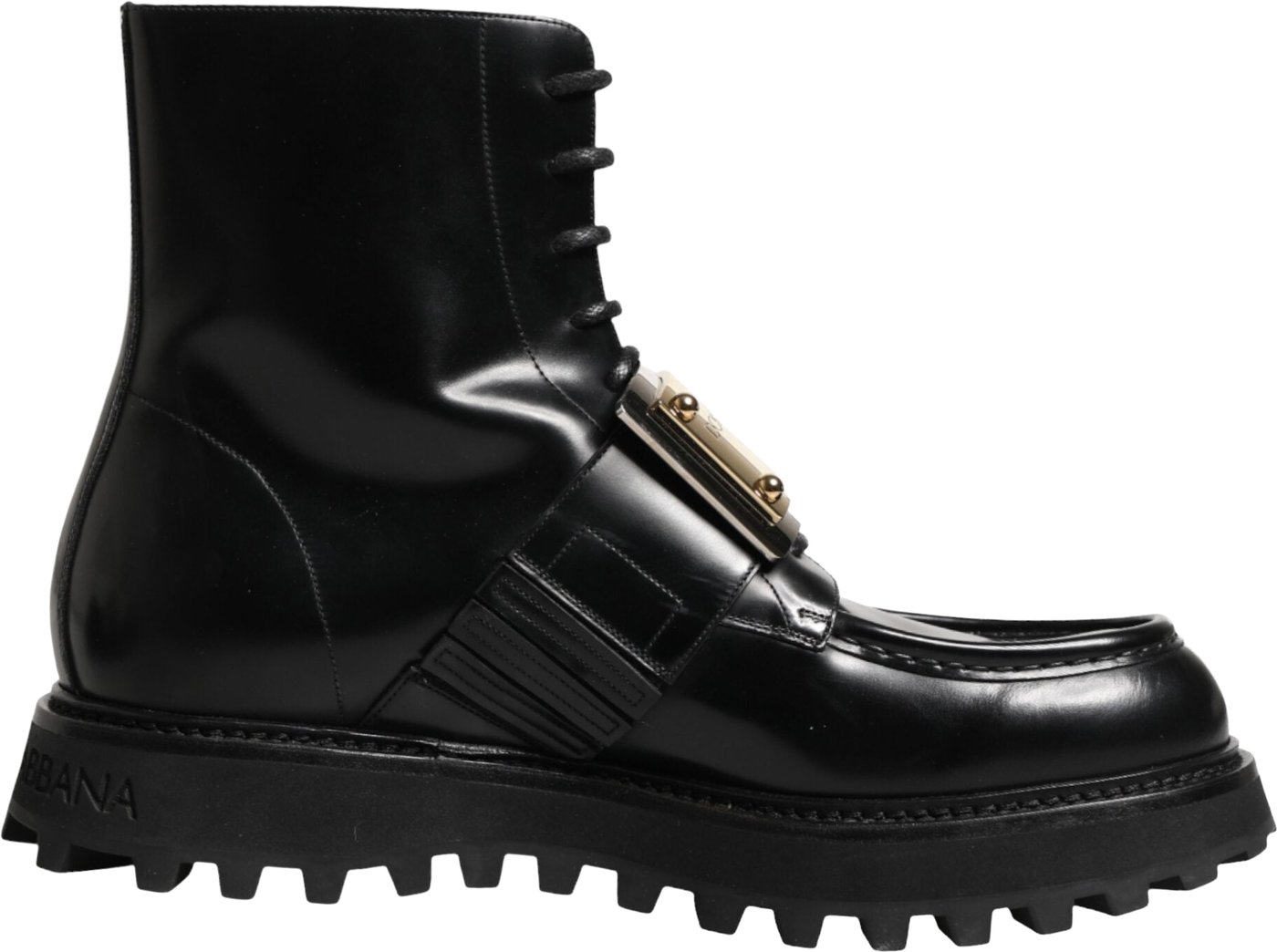Dolce & Gabbana Black Leather DG Plaque Lace Up Boots Shoes
