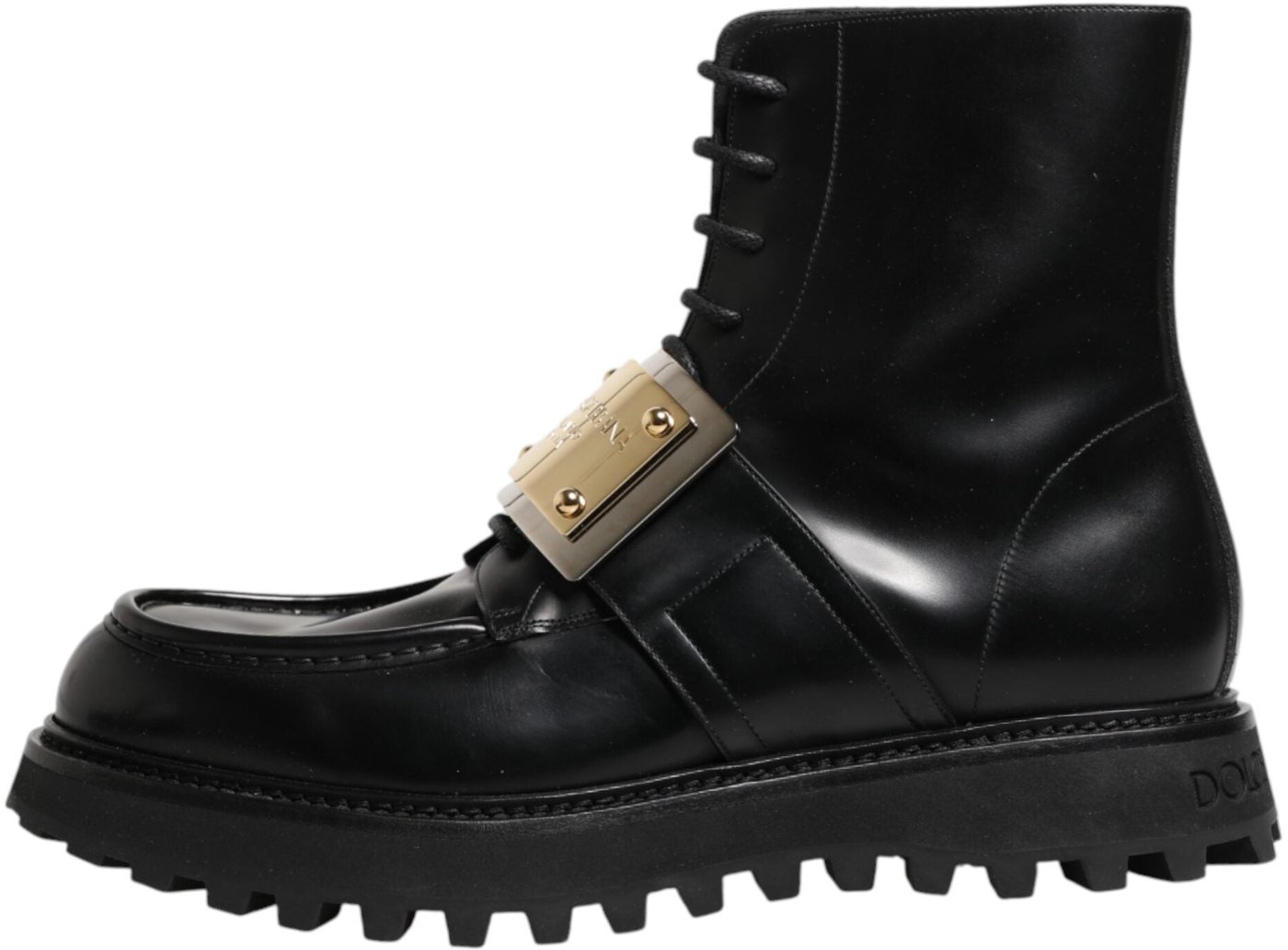 Dolce & Gabbana Black Leather DG Plaque Lace Up Boots Shoes