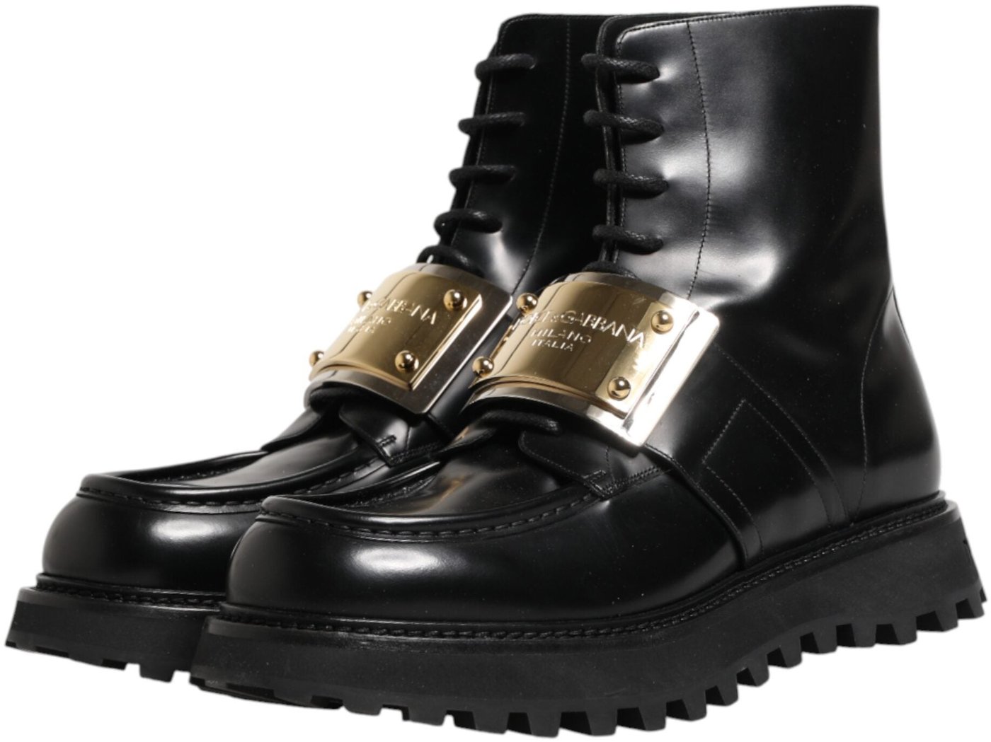 Dolce & Gabbana Black Leather DG Plaque Lace Up Boots Shoes