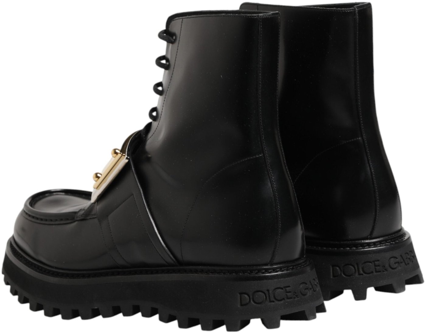 Dolce & Gabbana Black Leather DG Plaque Lace Up Boots Shoes