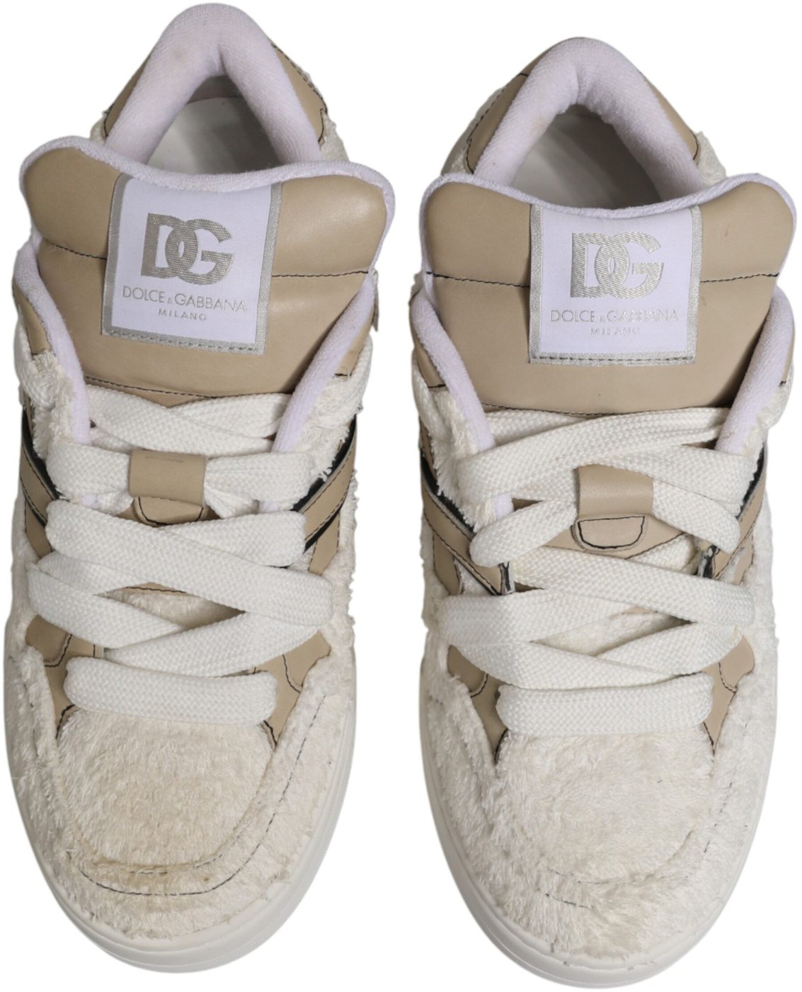 Dolce & Gabbana White Beige Faux Shearling Low Top Sneakers Shoes