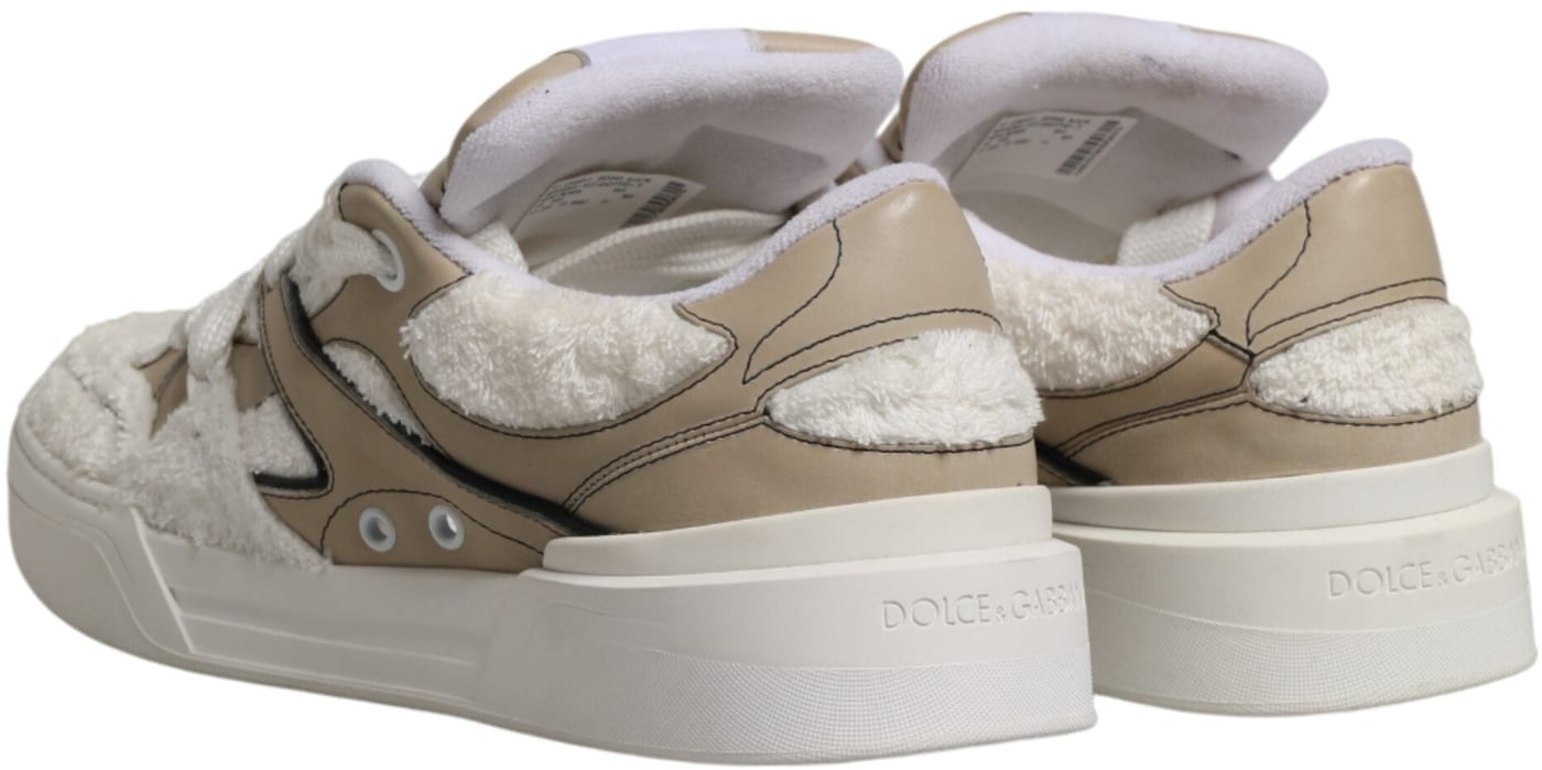 Dolce & Gabbana White Beige Faux Shearling Low Top Sneakers Shoes