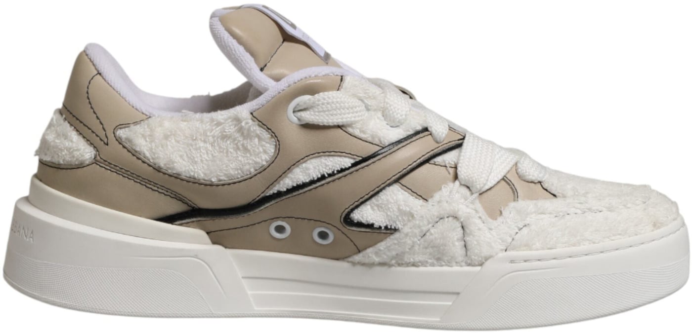 Dolce & Gabbana White Beige Faux Shearling Low Top Sneakers Shoes