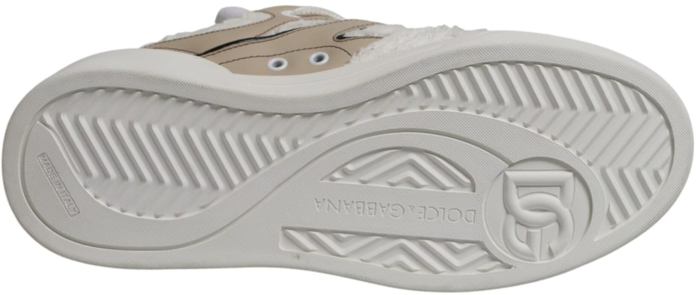 Dolce & Gabbana White Beige Faux Shearling Low Top Sneakers Shoes