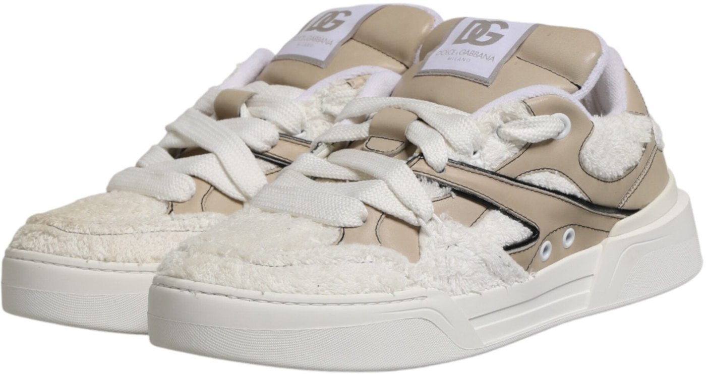 Dolce & Gabbana White Beige Faux Shearling Low Top Sneakers Shoes