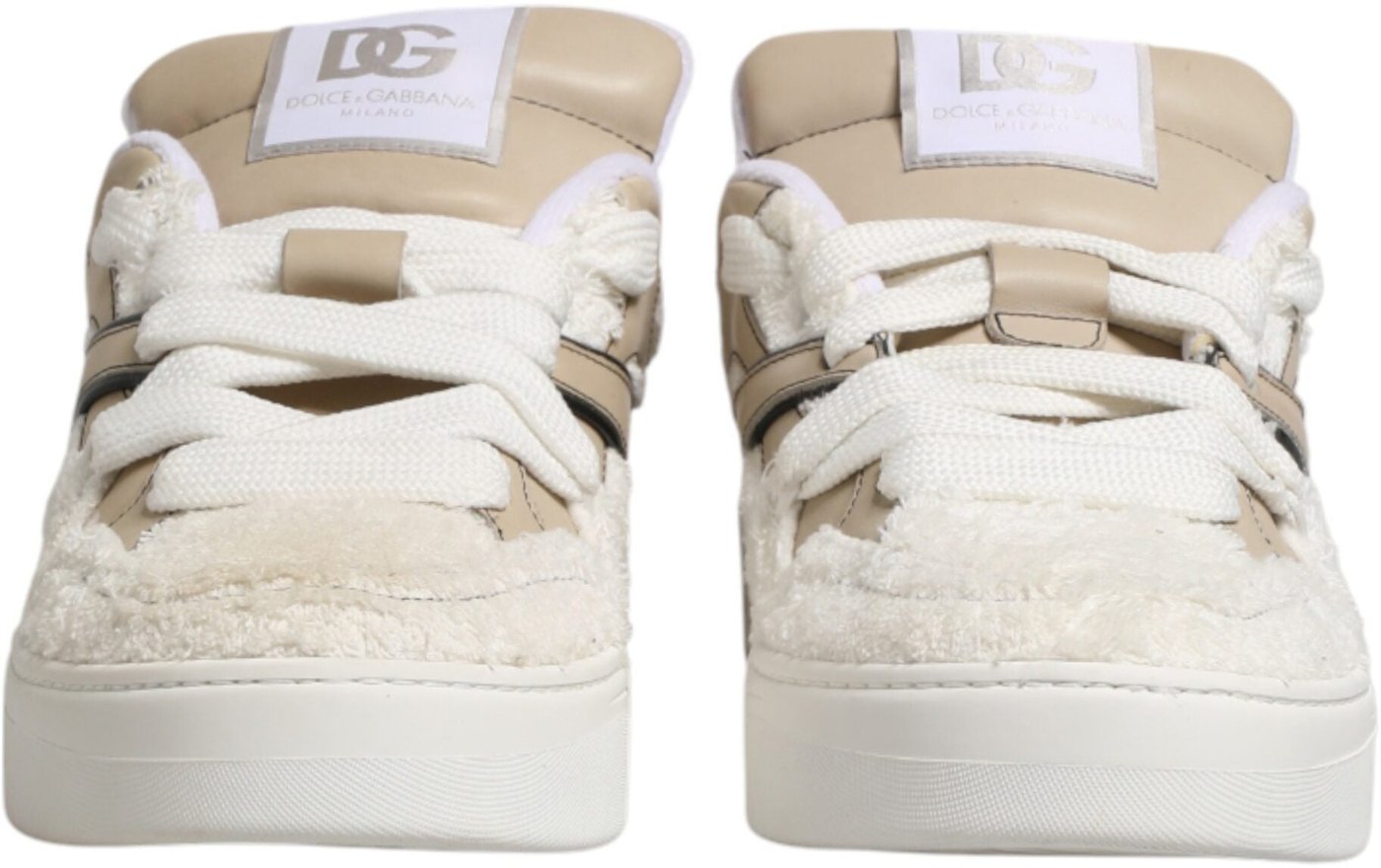 Dolce & Gabbana White Beige Faux Shearling Low Top Sneakers Shoes