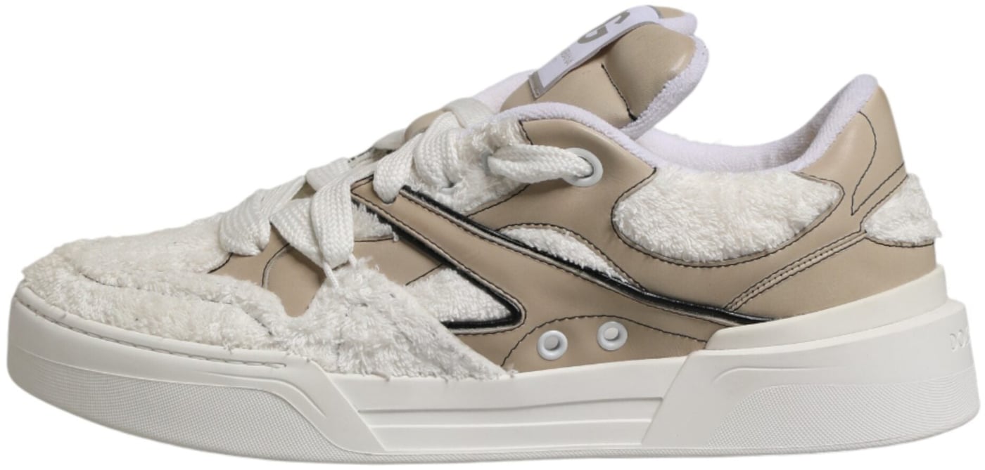 Dolce & Gabbana White Beige Faux Shearling Low Top Sneakers Shoes