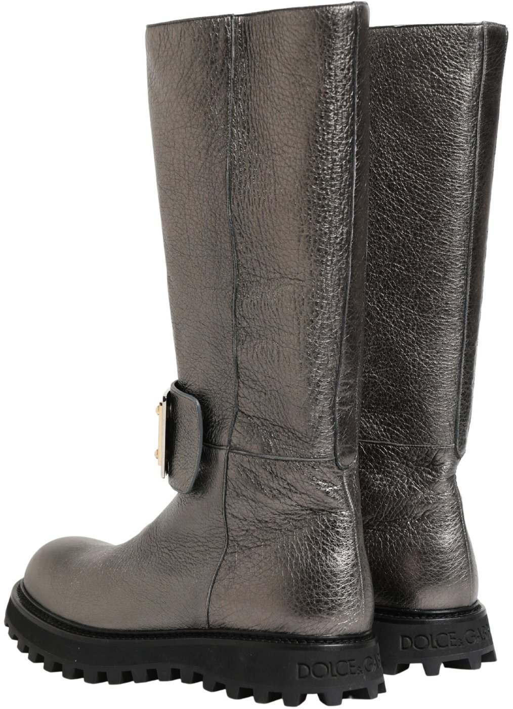 Dolce & Gabbana Metallic Silver Leather Mid Calf Boots Shoes