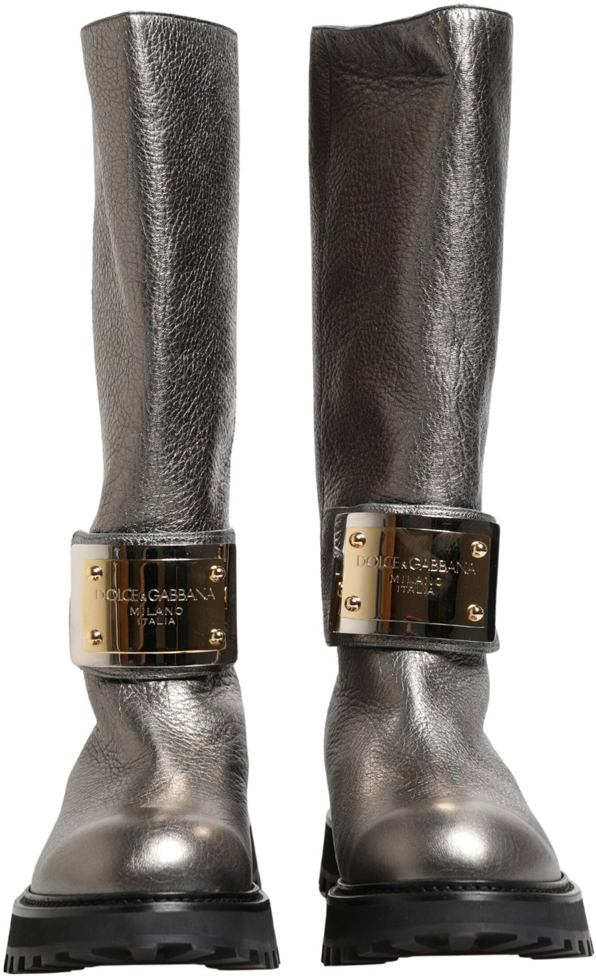 Dolce & Gabbana Metallic Silver Leather Mid Calf Boots Shoes