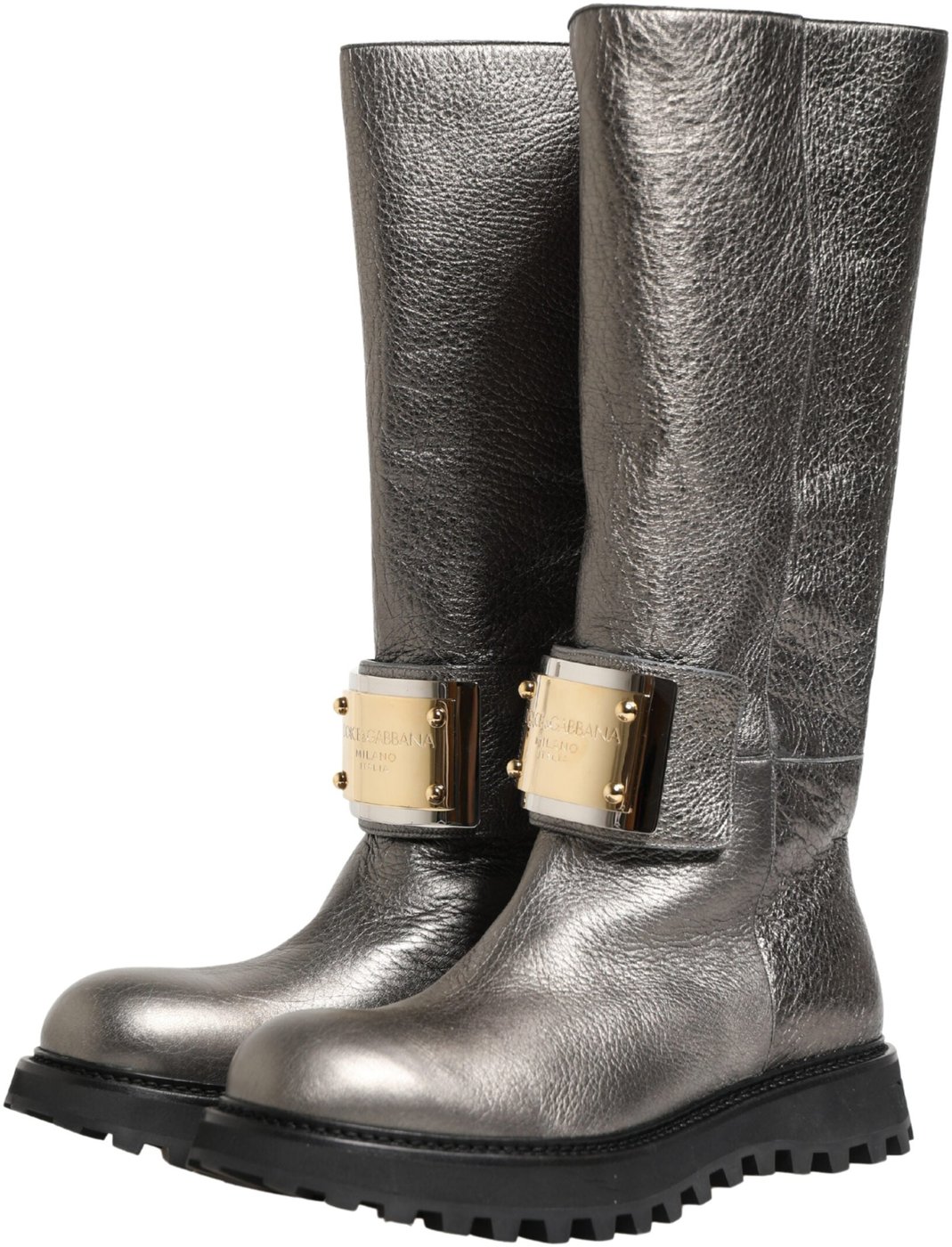 Dolce & Gabbana Metallic Silver Leather Mid Calf Boots Shoes