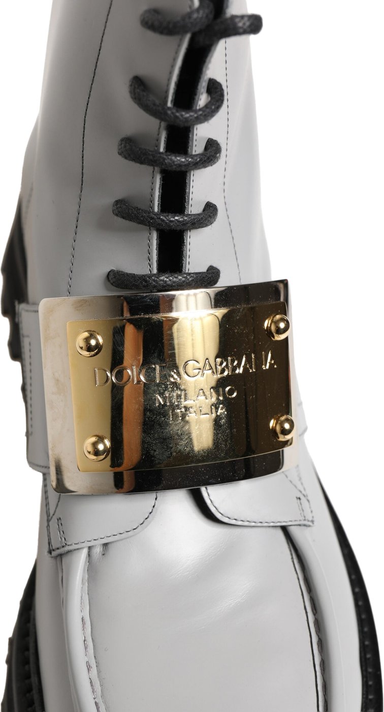 Dolce & Gabbana Gray Leather Logo Plaque Ankle Boots Shoes