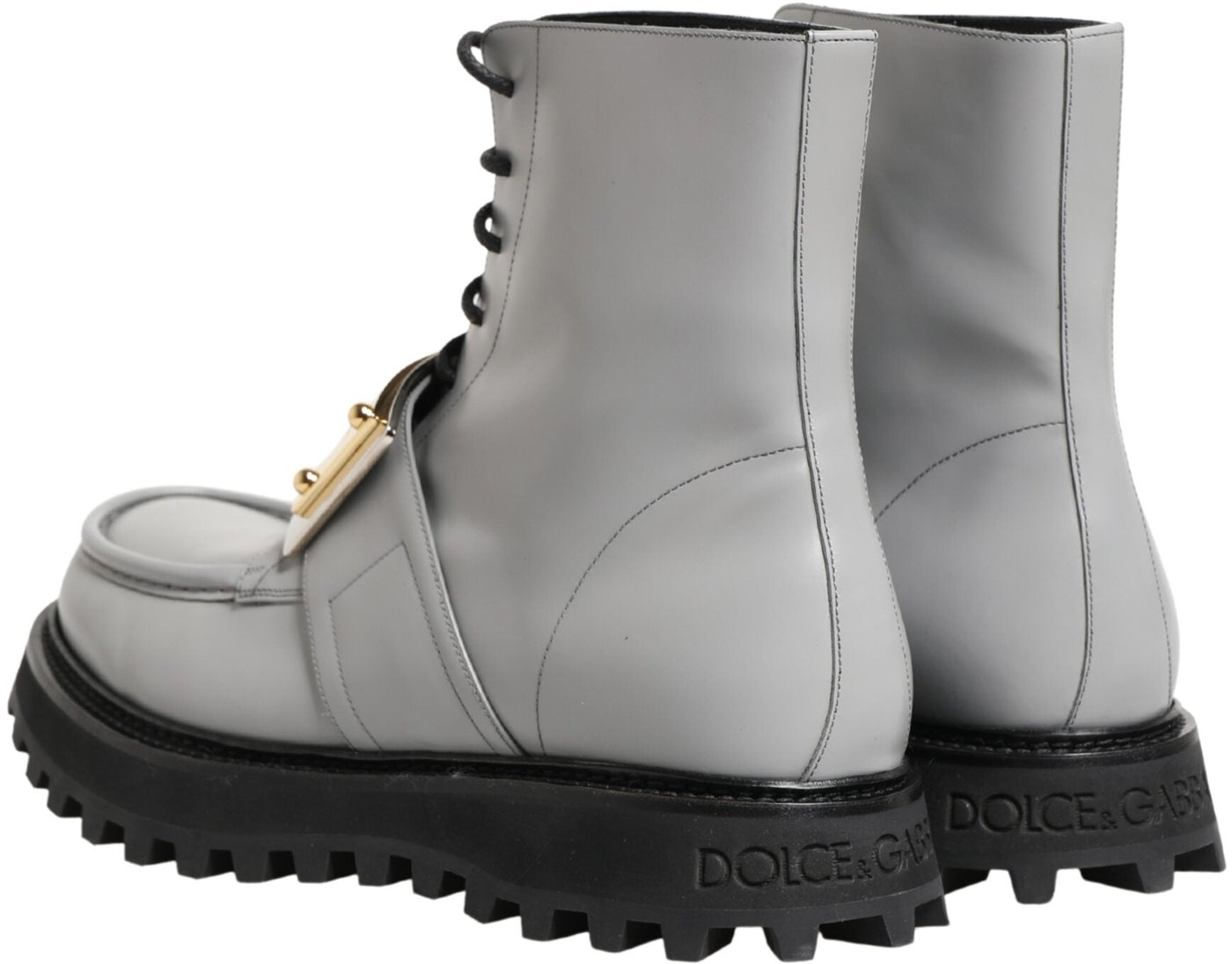 Dolce & Gabbana Gray Leather Logo Plaque Ankle Boots Shoes