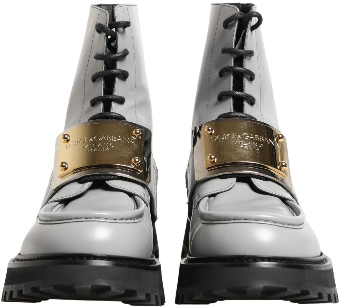 Dolce & Gabbana Gray Leather Logo Plaque Ankle Boots Shoes