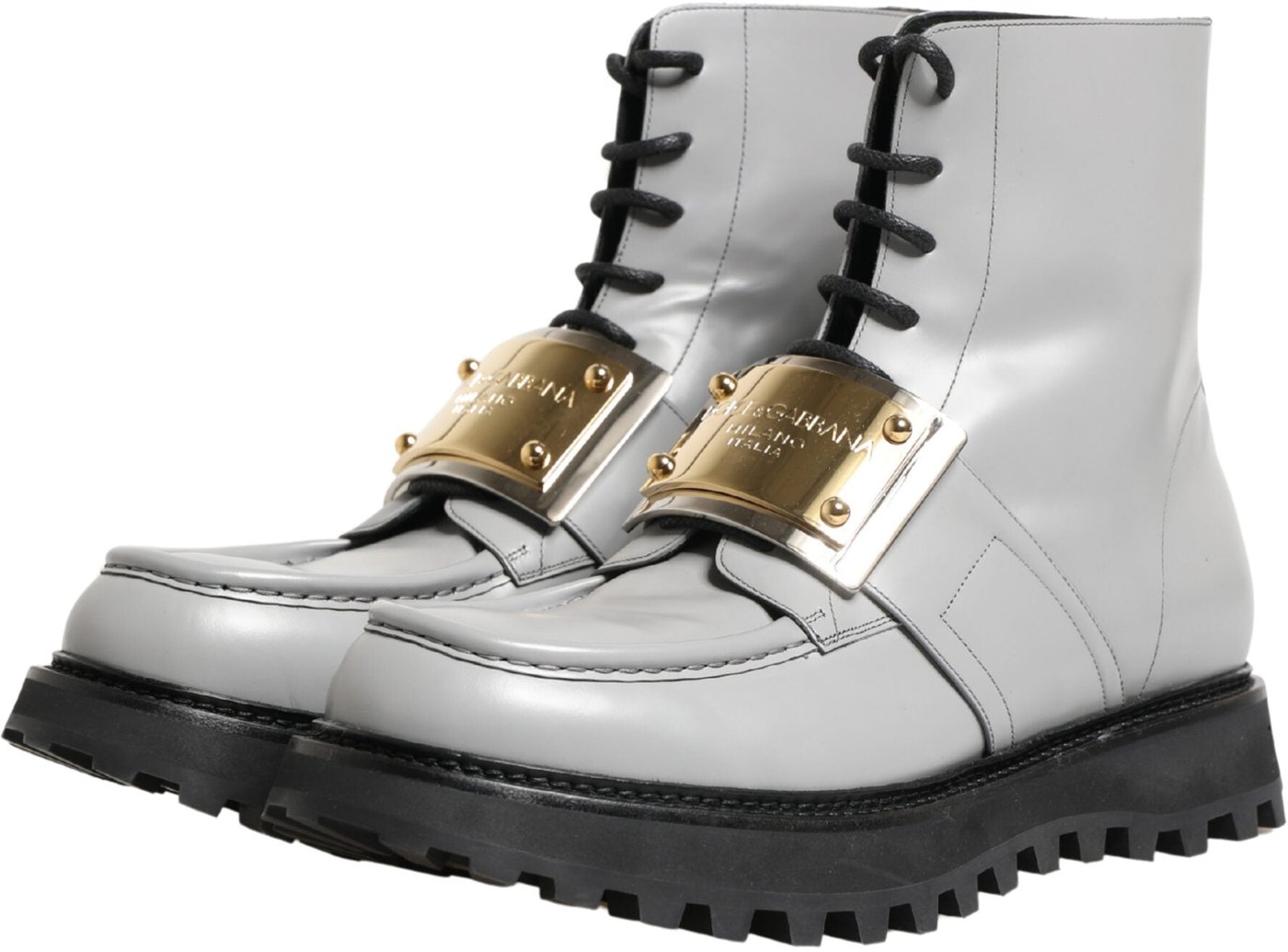 Dolce & Gabbana Gray Leather Logo Plaque Ankle Boots Shoes