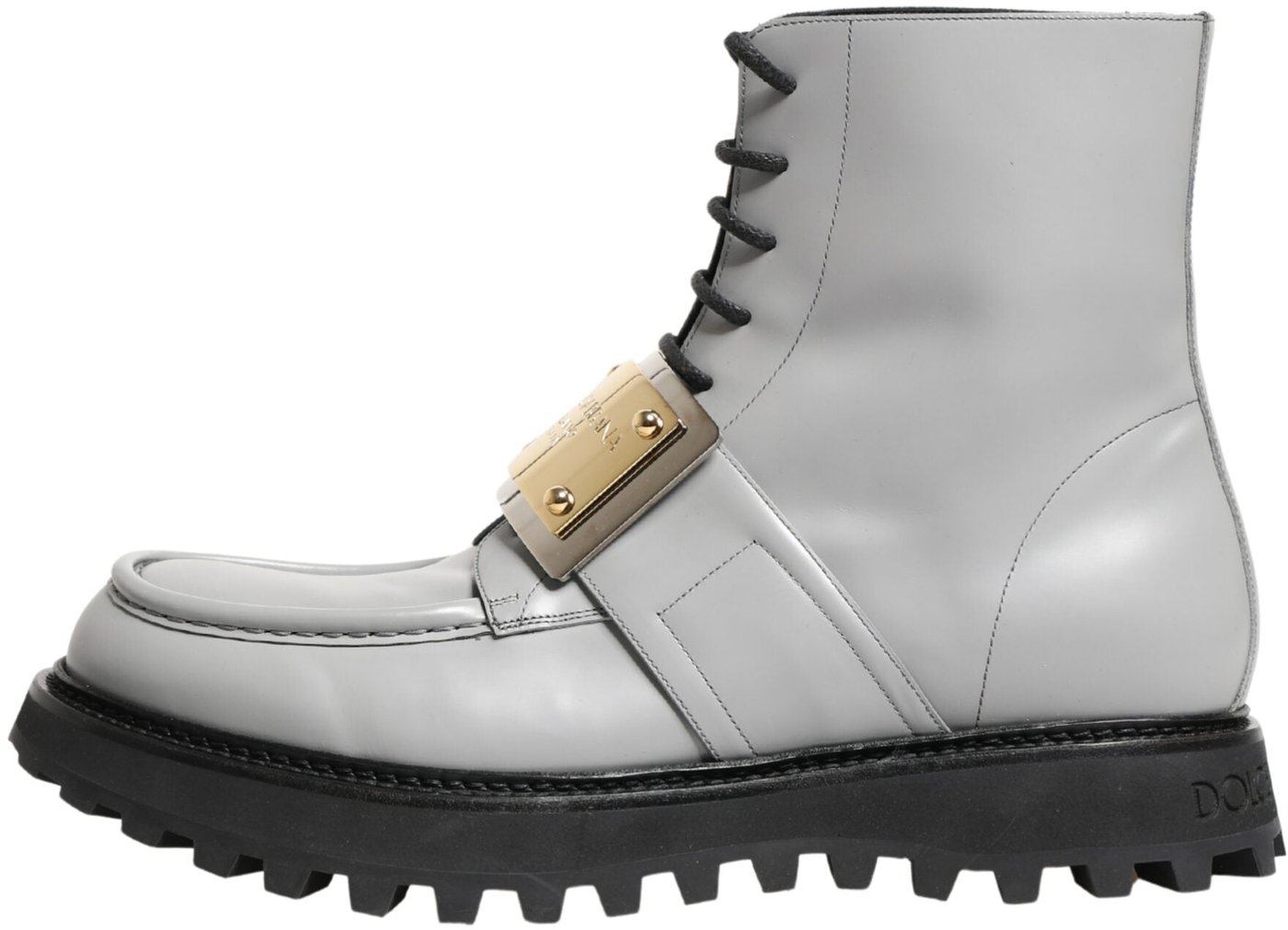 Dolce & Gabbana Gray Leather Logo Plaque Ankle Boots Shoes