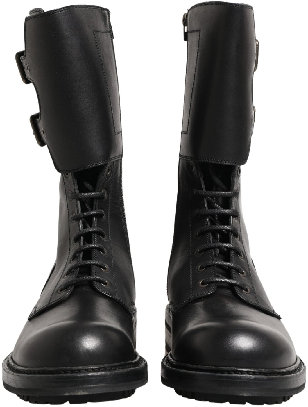 Dolce & Gabbana Black Leather Belted Buckle Combat Boots Shoes